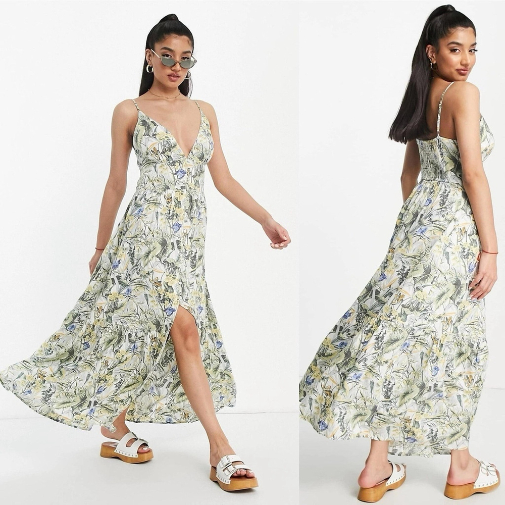 Abercrombie & Fitch Gabriella Linen Maxi Dress XXLP Floral Butterfly Cottagecore